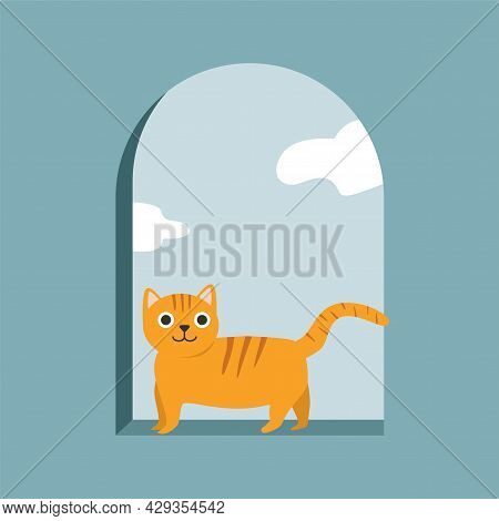 Vector Illustration Of Orange Cat Hang Out At The Window Perfect For Wall Decort And Printing