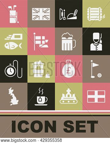 Set Flag Of England, Golf Flag, British Soldier, Robin Hood Hat, On Flagpole, Fish Chips, Bag With C