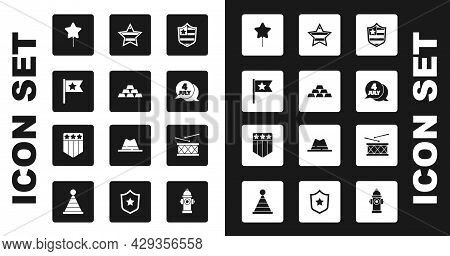 Set Shield With Stars, Gold Bars, American Flag, Balloon, Usa Independence Day, Drum And Drum Sticks