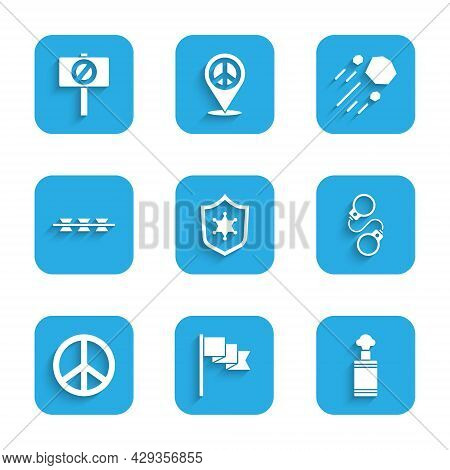 Set Police Badge, Location Marker, Hand Grenade, Handcuffs, Peace, Barbed Wire, Flying Stone And Pro