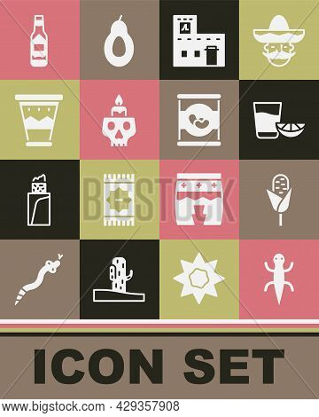 Set Lizard, Corn, Tequila Glass With Lemon, Mexican House, Burning Candle Skull, Drum, Tabasco Sauce