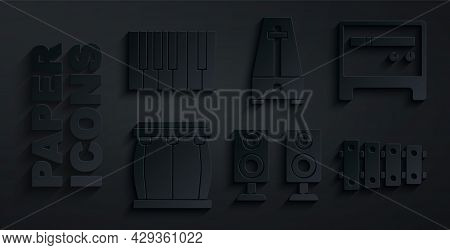 Set Stereo Speaker, Guitar Amplifier, Drum, Xylophone, Metronome With Pendulum And Grand Piano Icon.