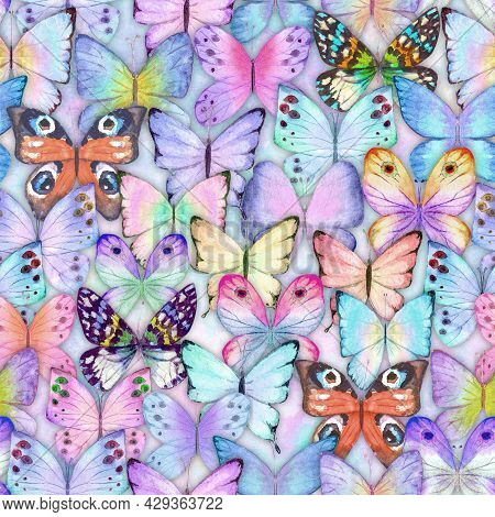 Watercolor botanical summer background with colorful butterflies. Watercolour hand drawn botany butterfly endless texture.