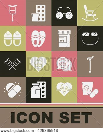 Set Medicine Pill Or Tablet, Walking Stick Cane, Eyeglasses, Slippers, Crutch Crutches And Bottle An