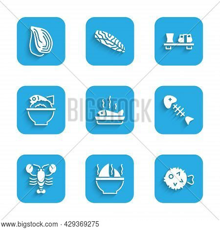 Set Served Fish On A Plate, Shark Fin Soup, Fish Hedgehog, Skeleton, Lobster, Bowl, Sushi Cutting Bo
