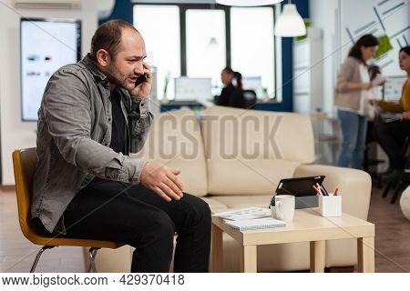 Frustrated Desperate Business Man Argue With Another Person In Start Up Company During Call Phone. S