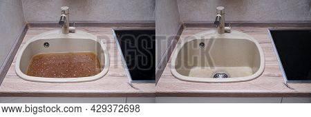 Clearing A Blockage From A Sink In The Kitchen. Before And After Fixing The Blockage Problem