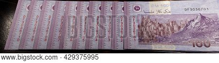 Panorama  Close Up Of One Hundred Ringgit Malaysia. Detailed Macro Capture Of Brand New Rm 100 With 