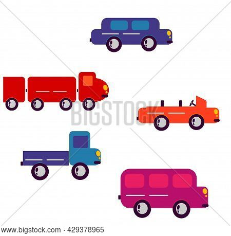A Set Of Cars. Illustration Of Transport. Cars Go One By One. Bright Children's Cars. Cars For Every