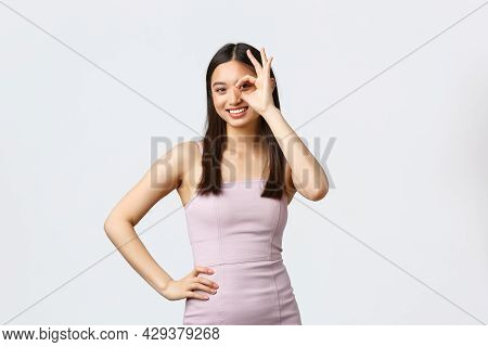 Luxury Women, Party And Holidays Concept. Confident Pretty Asian Woman In Evening Dress Saying No Pr