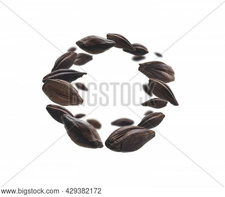 Roasted Rye Malt Grains Levitate On A White Background