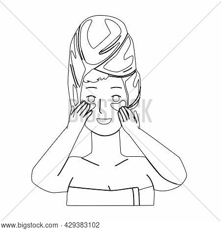 Eye Patch Using Girl For Beauty Procedure Black Line Pencil Drawing Vector. Young Woman Facial Skin 