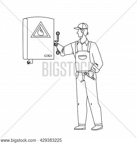Gas Technician Worker Check Heating Boiler Black Line Pencil Drawing Vector. Gas Technician Service 