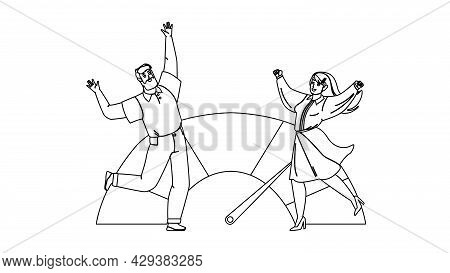 Good Credit Score Celebrate Man And Woman Black Line Pencil Drawing Vector. Businessman And Business