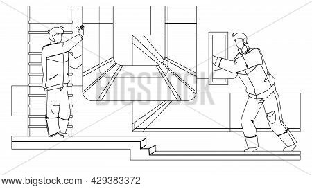 Hvac Ventilation Installation Or Repair Men Black Line Pencil Drawing Vector. Workers Check Ventilat