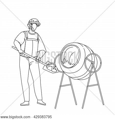 Mixing Cement Construction Worker In Tool Black Line Pencil Drawing Vector. Builder Filling Cement W
