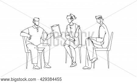 Team Group Discuss And Communicate Together Black Line Pencil Drawing Vector. Young Men And Woman Te