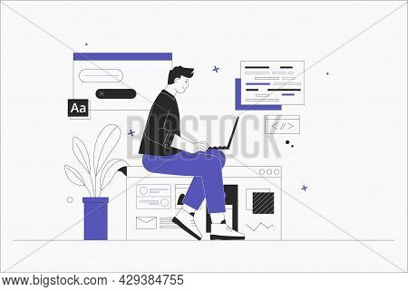 Business Man, Smm Manager, Programmer, Sit On Infographic And Work On Laptop. Freelancer Working On 