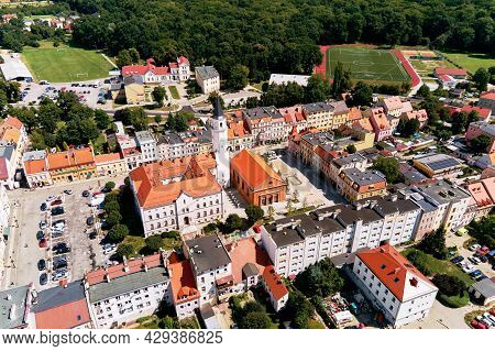 Aerial View Of Small European City With City Streets And Residential Buildings. Katy Wroclawskie Pan