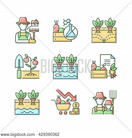 Farming Rgb Color Icons Set. Agricultural Business. Rural Area. Crop Quality Control. Innovative Far