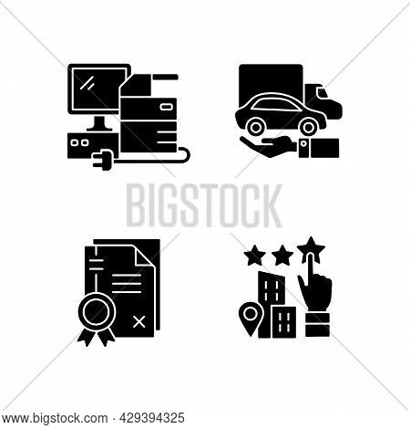 Company Image Black Glyph Icons Set On White Space. Granting Of A Property Right. Patents And Goodwi
