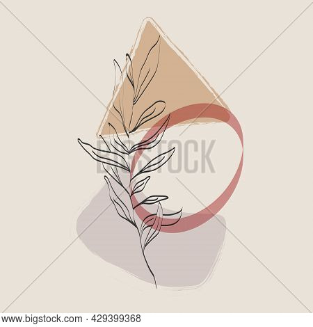Picture In Pastel Colors With A Plant Branch And Geometric Shapes For Interior And Textile Prints. V
