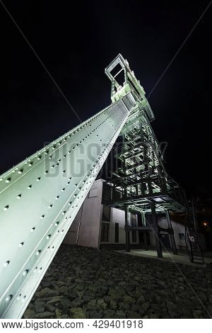 Labin, Croatia - June 3, 2021: Renovated And Illuminated Old Mining Tower Called Šoht Built 1938.  I