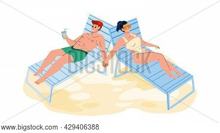 Couple Sunbathe Enjoy On Sea Beach Together Vector. Young Man Drinking Cocktail And Enjoying With Wo