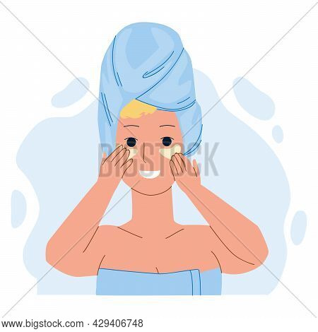 Eye Patch Using Girl For Beauty Procedure Vector. Young Woman Facial Skin Care With Eye Patch, Beaut