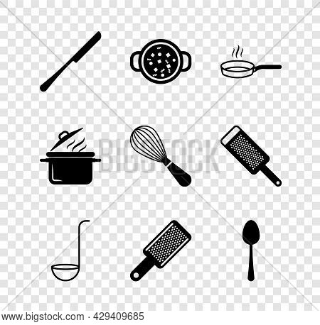 Set Knife, Cooking Soup In Pot, Frying Pan, Kitchen Ladle, Grater, Spoon, And Whisk Icon. Vector