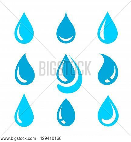 Blue Water Drops Silhouettes And Droplet Set Icons With Abstract Curve Design Elements