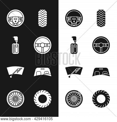 Set Steering Wheel, Gear Shifter, Car Tire, Windscreen Wiper, Windscreen, And Icon. Vector