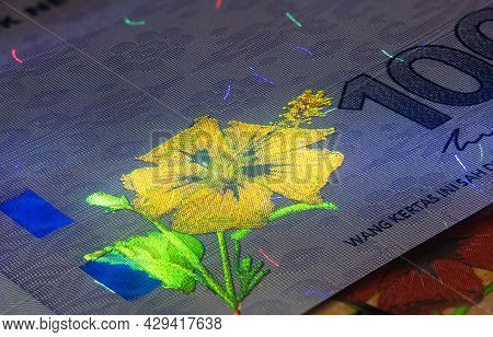 Macro Photography Of 100 Malaysian Ringgit With Fluor Light. Extreme Close-up Of Rm100 Malaysia. Sha