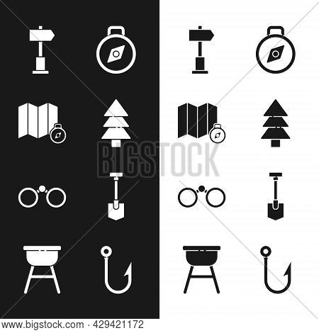 Set Tree, Location Of The Forest On Map, Road Traffic Signpost, Compass, Binoculars, Shovel, Fishing