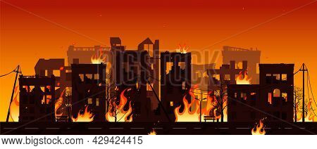 Destroyed City On Fire Vector Illustration Eps10