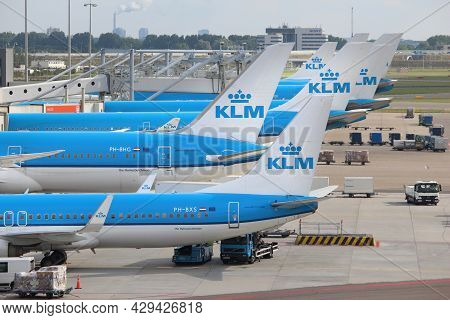 Amsterdam, Netherlands - July 11, 2017: Klm Airlines Fleet At Schiphol Airport In Amsterdam. Schipho