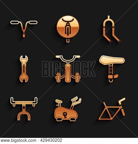 Set Bicycle For Kids, Stationary Bicycle, Frame, Seat, Handlebar, Wrench Spanner, Fork And Icon. Vec