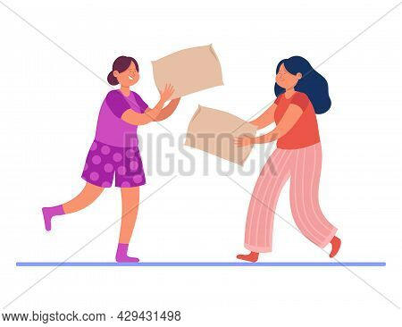 Happy Girls Fighting With Pillows. Flat Vector Illustration. Two Female Characters Having Fun In Paj