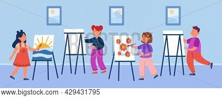 Cartoon Kids At Drawing Lesson Flat Vector Illustration. Little Boy And Girls Painting Pictures On E