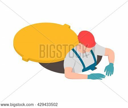 A Plumber In A Hard Hat Is Working In The Hatch. The Worker Opened The Hatch To Climb Out.
