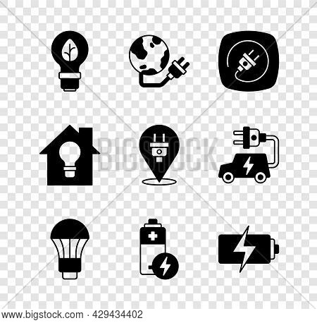 Set Light Bulb With Leaf, Global Energy Power Planet, Electric Plug, Led Light, Battery, Smart House