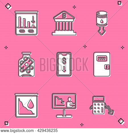Set Pie Chart Infographic, Bank Building, Drop Crude Oil Price, Glass Money Jar With Coin, Mobile St