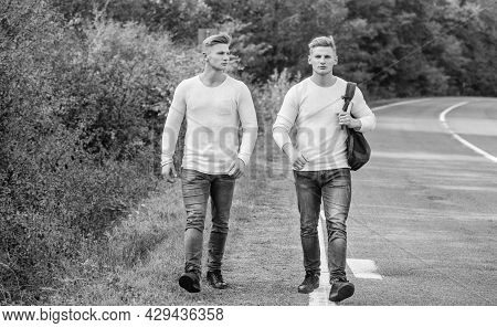 Guys Hitchhiking On Road. Tourist Traveler Travel Auto Stop. Transporting Issues. Pick Spot Where Ca