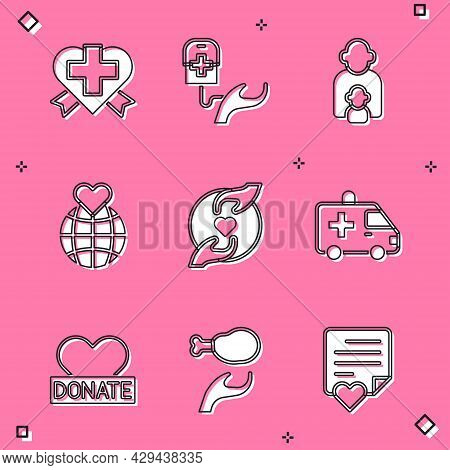 Set Heart With Cross, Blood Donation, Taking Care Of Children, Hand Holding Earth Globe, Pleasant Re