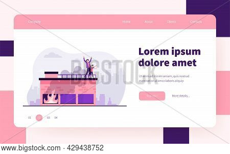 People Calling For Help On Top Of Fire Building. Accident, Smoke, Victim. Flat Vector Illustration. 