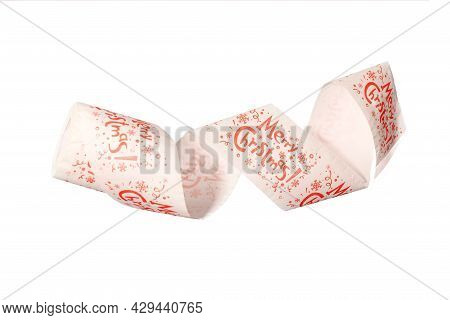 Merry Christmas Text On Toilet Paper. Holiday Overeating Concept. Toilet Tissue, Isolated White Back