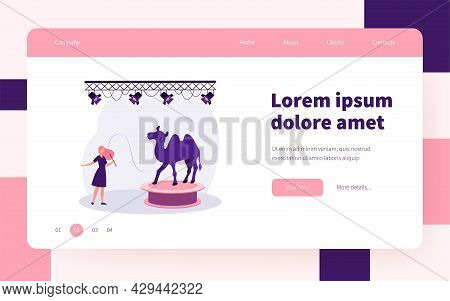 Happy Animal Trainer Performing With Camel On Stage. Violence, Knout, Arena Flat Vector Illustration