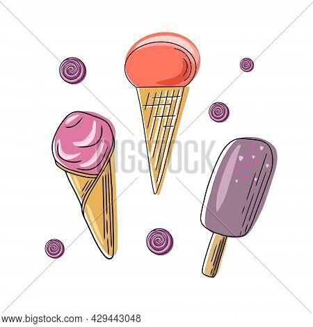 Complete Collection Of Cartoon Summer Delicious Ice Cream In Flat Style. Vector Illustration. Bright