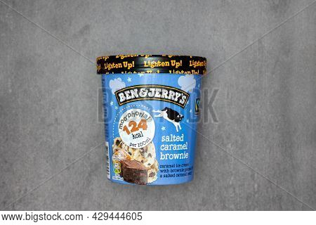 Rotterdam, The Netherlands - August 2021: Ben & Jerry's Salted Caramel Brownie Ice Cream On Natural 