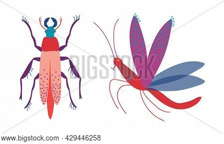 Mosquito And Stag Beetle Insects As Hexapod Flying Creature With Jointed Legs And Pair Of Antennae V